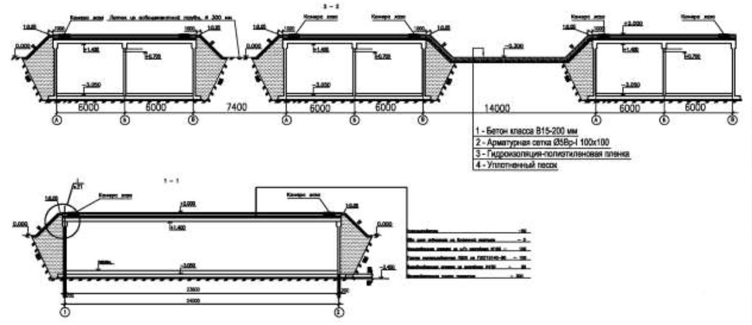 Разрезы бетонных заглубленных навозохранилищ по 1300 куб. м каждое племенной фермы (Краснодарский кр.)